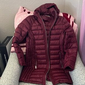 Michael Kors Burgundy Quilted Packable Puffer Coat with Hood
